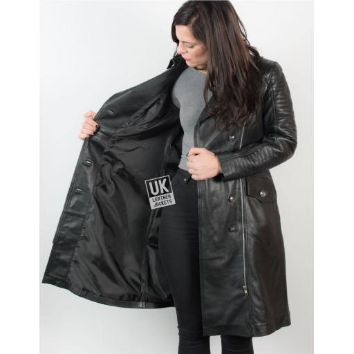 Womens 7/8th Length Double Breasted Black Leather Coat – Maxim - Lining