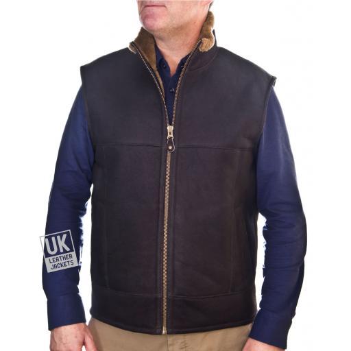 Mens Shearling Sheepskin Gilet - Stirling - Brown Wool - Zipped Front