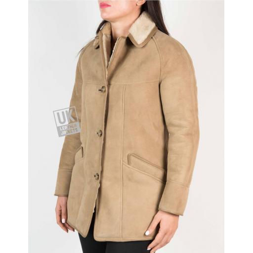 Womens Taupe Shearling Sheepskin Car Coat - Honor - Front