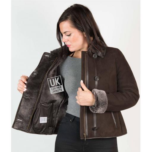 Womens Brown Shearling Sheepskin Jacket - Aspen - Wool Interior