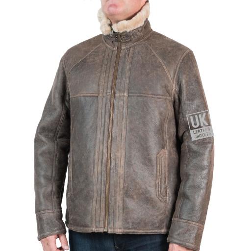 Mens Shearling Sheepskin Flying Jacket - Whistler - Vintage Matt Brown - Wind Collar