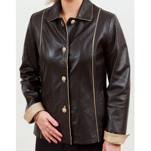 Womens Brown Leather Jacket - Cream Piping - Plus Size - Cameo