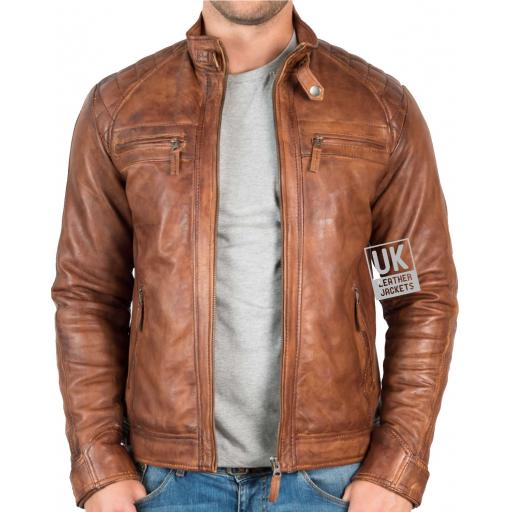 Mens Vintage Tan Leather Jacket - Kendal - Unzipped