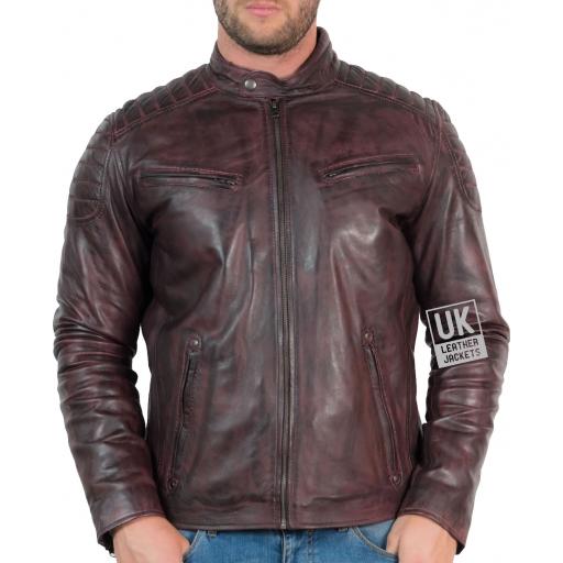 Men’s Leather Biker Jacket - Zurich - Vintage Burgundy - Zipped Front