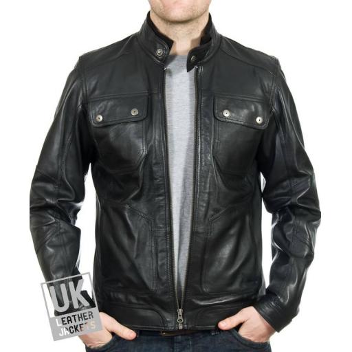 Men's Black Leather Jacket - Cobalt - Main