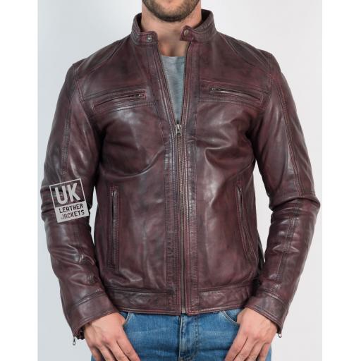 Mens Vintage Burgundy Leather Jacket - Ellin - Front