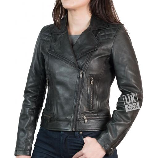 Womens Cross Zip Black Leather Jacket - Destiny - Front