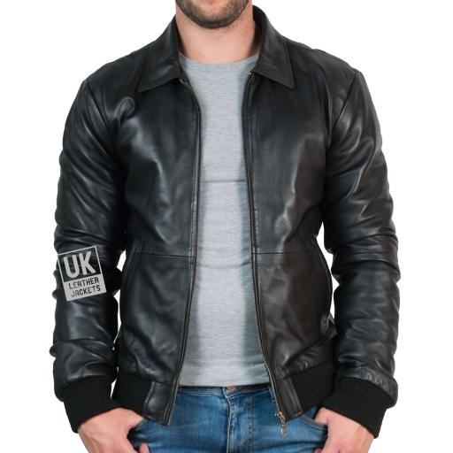 Mens Black Leather Bomber Jacket - Bristol - Front