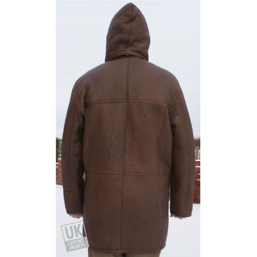 Men's Brown Shearling Sheepskin Duffle Coat - Detach Hood - Birkin - Rear Hood