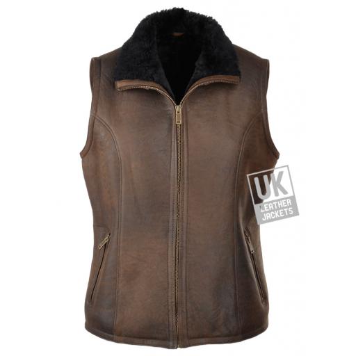 Womens Brown Shearling Sheepskin Gilet – Zip - Front