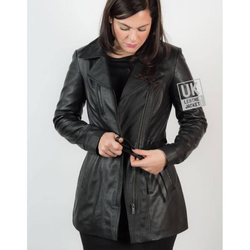 Womens Asymmetric Zip Black Leather Coat – Hip Length – Eternity - Tie Belt