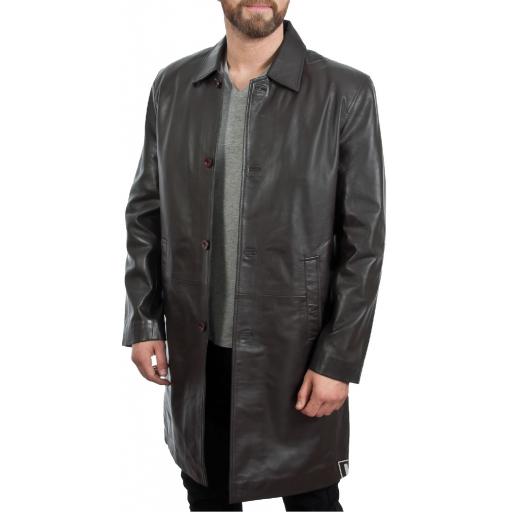 Men's Knee Length Brown Leather Coat - Saint - Front