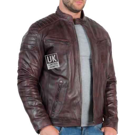 Men’s Leather Biker Jacket - Zurich - Vintage Burgundy - Side