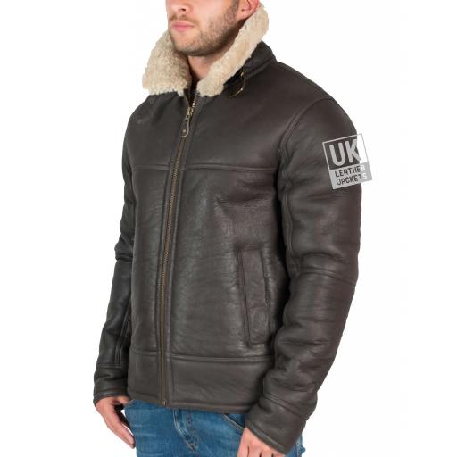 Mens Shearling Sheepskin Flying Jacket - Calgary - Brown- Front Side