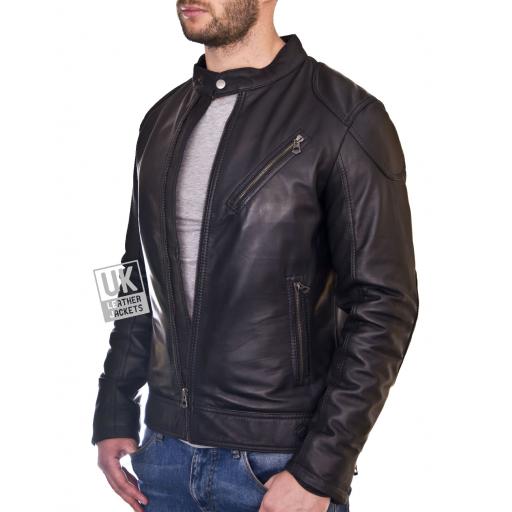 Mens Black Leather Jacket - Theo - Side Zipped