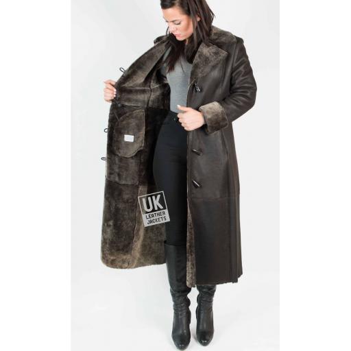 Womens Lambskin Full Length Coat - Dark Brown - Lining