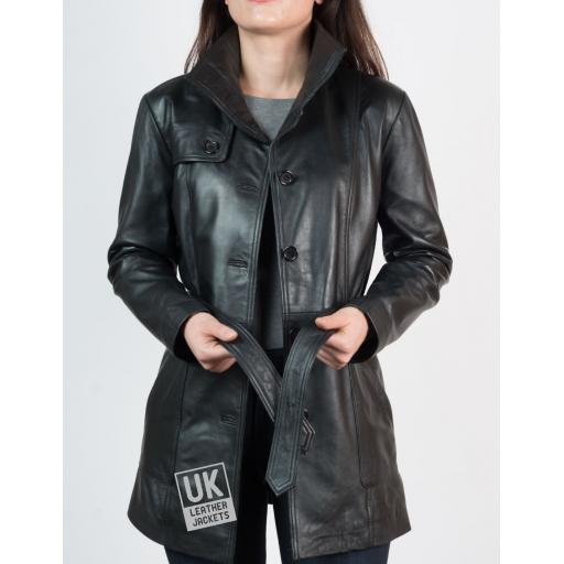 Womens 3/4 Length Black Leather Coat Jacket - Belt