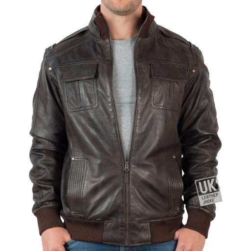 Men's Vintage Leather Bomber Jacket in Brown - Mirage - Front 2