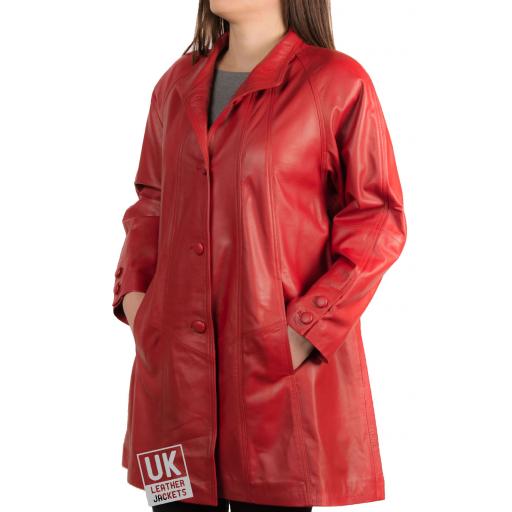 Women's Red Leather Swing Coat - Jewel - Buttoned