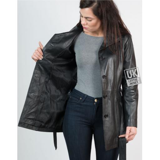 Womens 3/4 Length Black Leather Coat Jacket - Lining