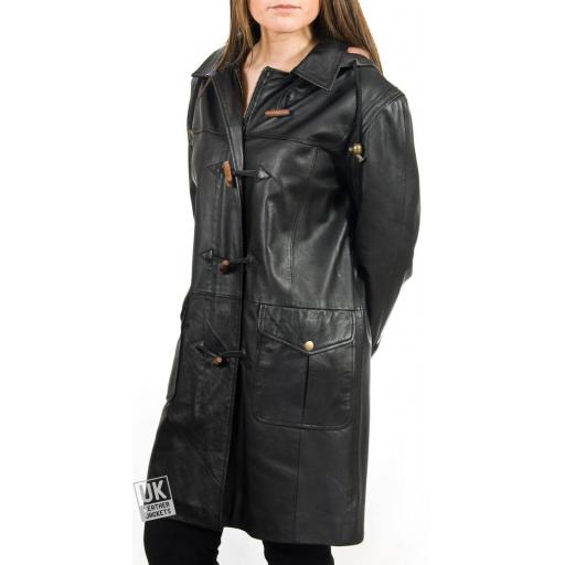 Women's Black Leather Duffle Coat - Detach Hood - Remy - Front