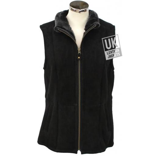 Womens Shearling Sheepskin Zip Gilet - Black Suede - Front