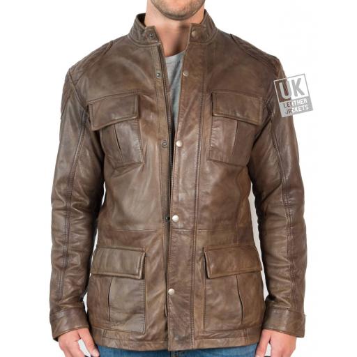 Men's Brown Leather Vintage Racing Jacket - Storm - Front