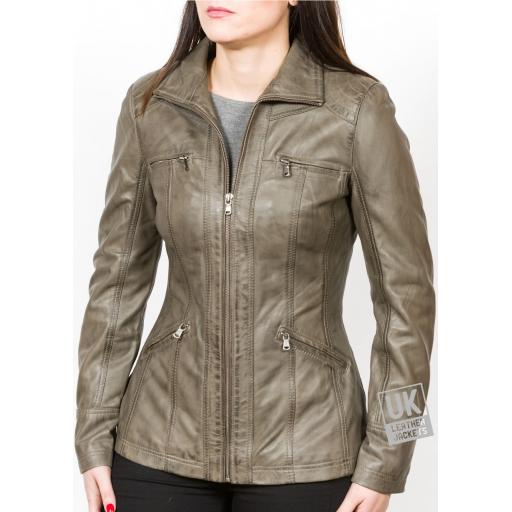 Womens Olive Leather Jacket - Muse - Hip Length - SOLD OUT !