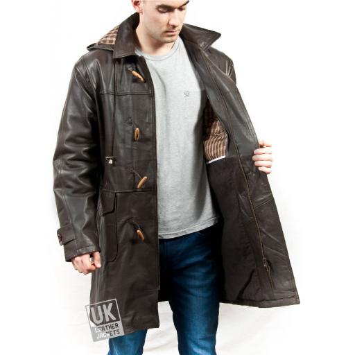 Mens Brown Nappa Leather Duffle Coat - Detach Hood - Avon - Lining