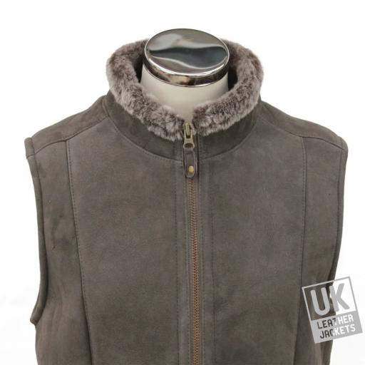 Womens Shearling Sheepskin Zip Gilet - Grey Suede - Zip High Collar