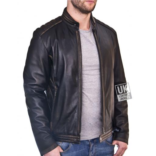 Mens Burnished Black Leather Jacket - Omega - Unzipped