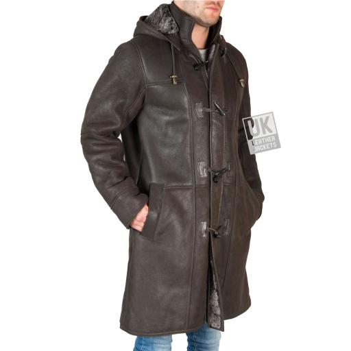 Mens Shearling Sheepskin Duffle Coat - Detach Hood - Colorado - Matt Brown - Superior Quality