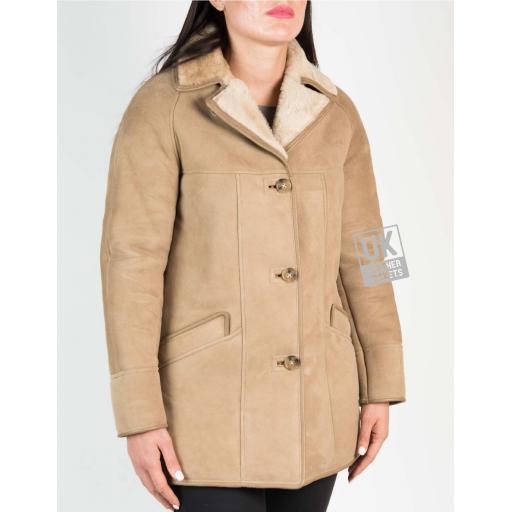 Womens Taupe Shearling Sheepskin Car Coat - Honor - Revered Collar