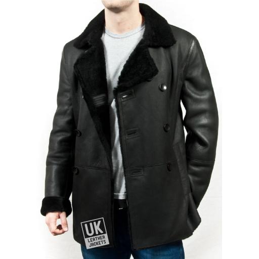 Men’s Black Double Breasted Shearling Sheepskin Jacket - Pea Coat - Unbuttoned