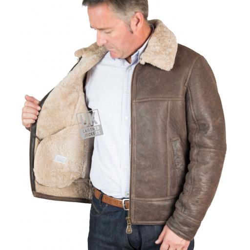 Mens Shearling Sheepskin Flying Jacket - Calgary - Antique Matt Brown - Wool Interior