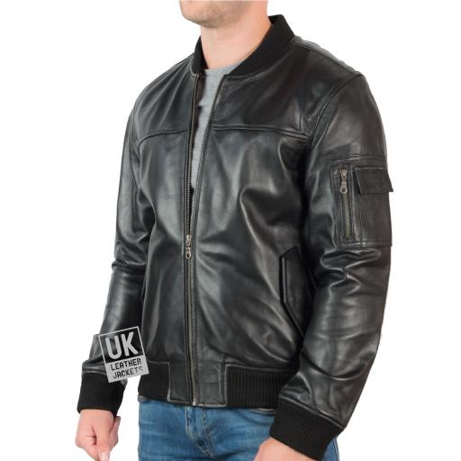 Men's Leather Bomber Jacket in Black - MA-1