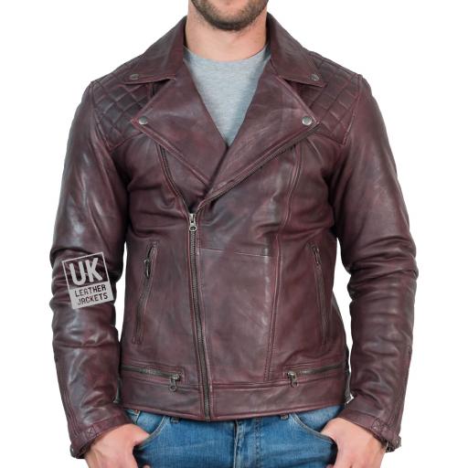 Mens Leather Biker Jacket - Hurricane - Burgundy - Front