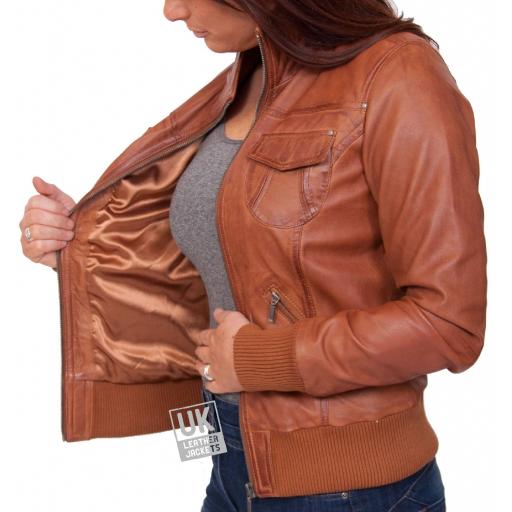 Women's Tan Leather Bomber Jacket - Harper - Lining