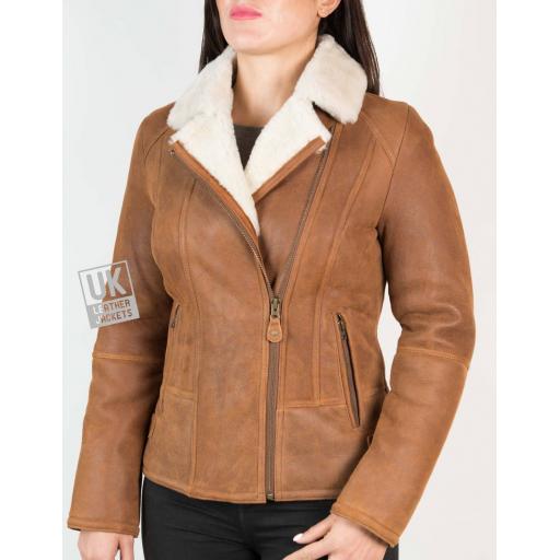 Womens Tan Shearling Sheepskin Flying Jacket - Front Cross Zip