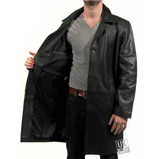 Men's Knee Length Black Cow Hide Leather Coat - Saint - Lining