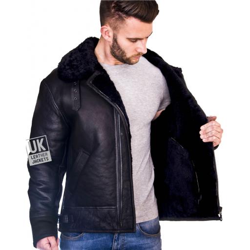 Men's Shearling Sheepskin Flying Jacket - Atlas - Black Wool - Lining