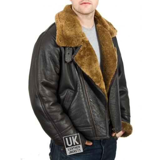 Men's Shearling Sheepskin Flying Jacket - Vintage Aviator - Brown Wool - Front