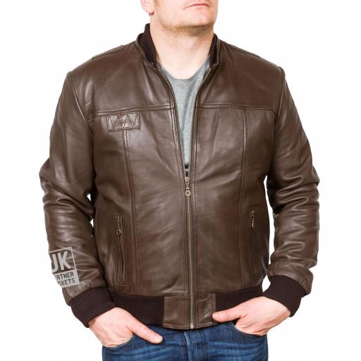 Men's Brown Hooded Leather Bomber Jacket - Troy - Main