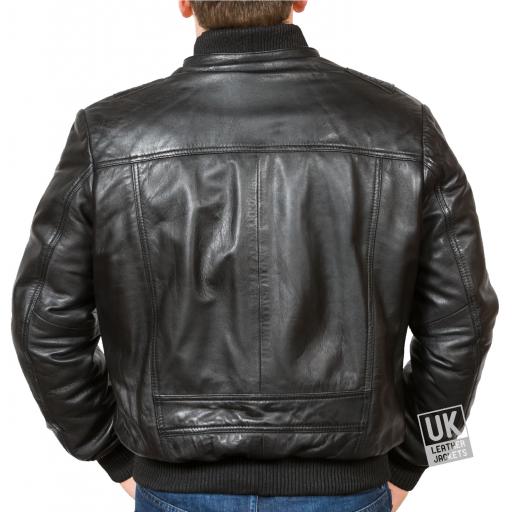 Men's Black Hooded Leather Bomber Jacket - Troy - Back no hood