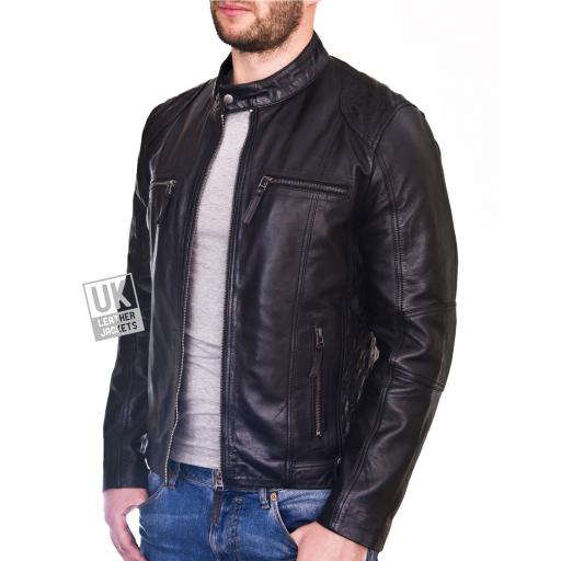 Men's Black Leather Biker Jacket - Phoenix - Front 2