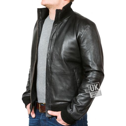 Men's Black Leather Bomber Jacket - Pacific - Side