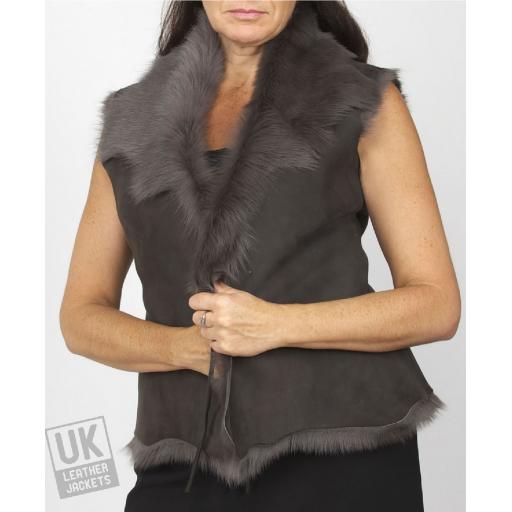 Womens Grey Toscana Sheepskin Gilet - Front