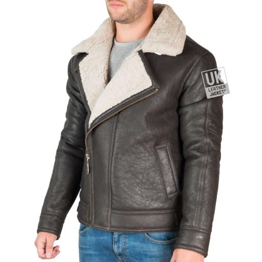 Mens Dark Brown Shearling Sheepskin Flying Jacket - Vail - Front Side