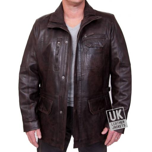 Men's Toned Brown Leather Coat Jacket - Portland II - Unzipped