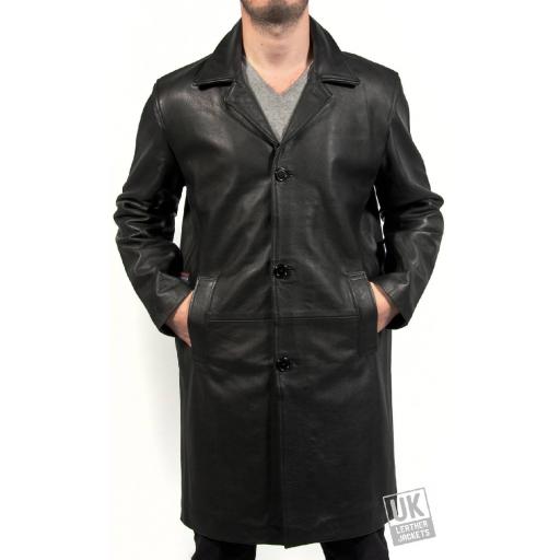 Men's Knee Length Black Cow Hide Leather Coat - Saint - Main